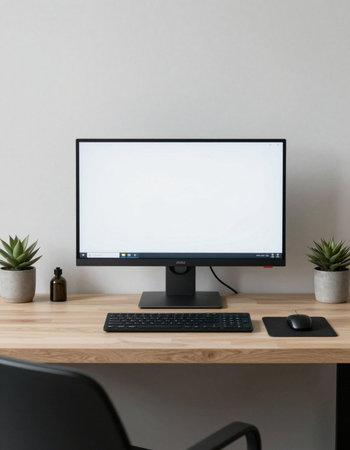 Modern workspace with computer on wooden table and white wall background, stock photo