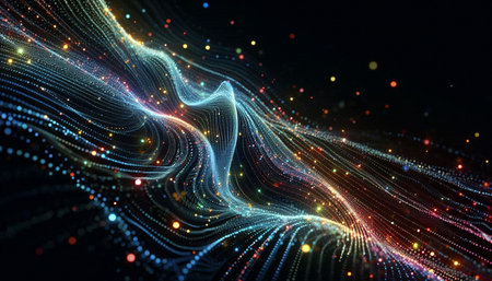 3d rendering of glowing particles in space with depth of field and bokeh. Particles form line and...