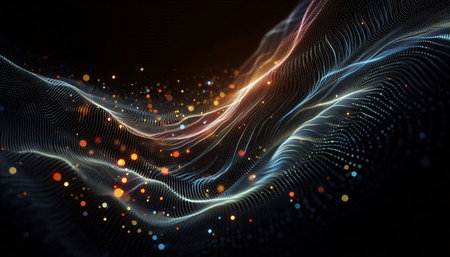 3d rendering of abstract particles wave flowing in space with depth of field