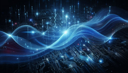 Futuristic technology wave background with glowing lines and dots. 3d rendering