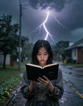 Young asian woman reading a book in the rain with lightning.の写真素材