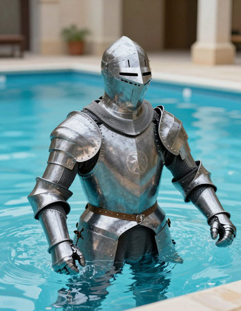 Medieval knight in armor standing in a swimming pool. Selective focus.