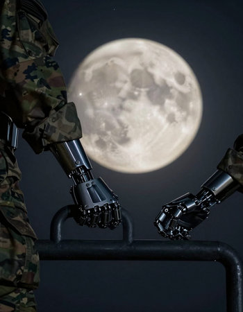 Close-up of a soldier's hands holding a metal bar in front of a full moon