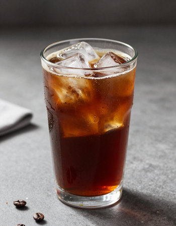 Cola with ice cubes in a glass on a gray background, selective focus