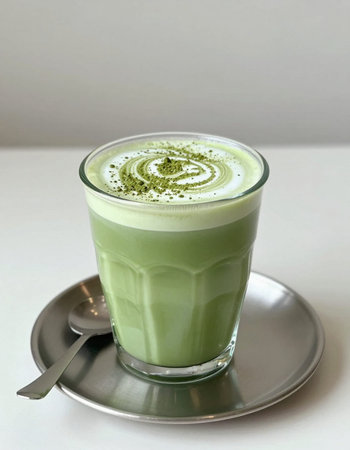 Green tea matcha latte on a white background with copy space