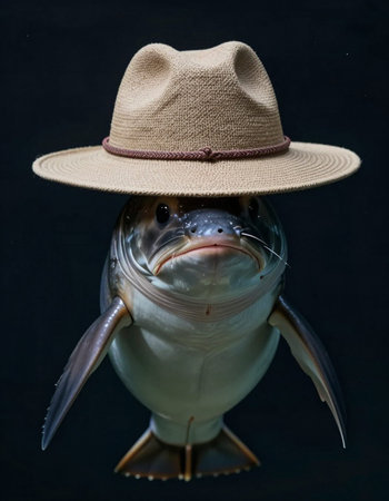 Carp in a hat on a dark background. Close-up.