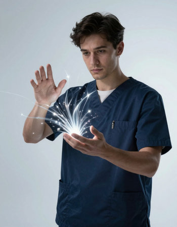 young attractive and confident male doctor or nurse in blue scrubs and scrubs pretending to touch a glowing lightbulb isolated on grey backgroundの写真素材