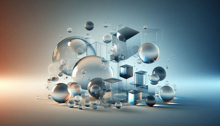 3d render, abstract geometric background with cubes and glass balls.
