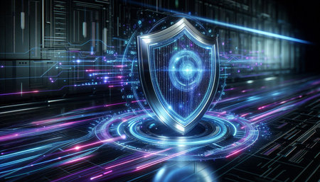 Cyber security concept with shield on futuristic server room background 3D rendering