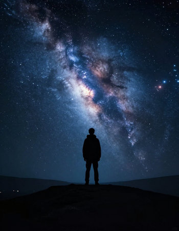 Silhouette of a man looking at the milky way galaxy.