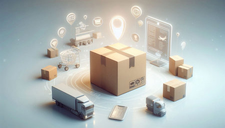Delivery and logistics concept with cardboard boxes and icons on blue background 3D rendering