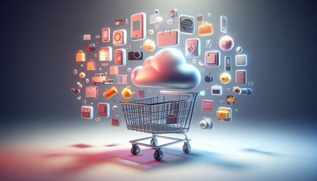 Cloud computing and media icons in shopping trolley. 3D rendering