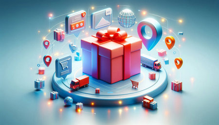3d rendering of gift box with red ribbon and icons on blue background