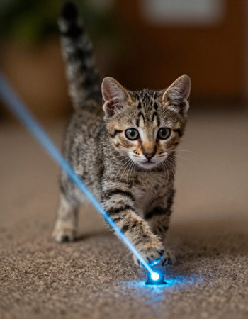 Cute tabby kitten with blue led light on the floor.