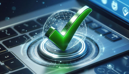 Green check mark on laptop 3D rendering elements of this image furnished by NASA
