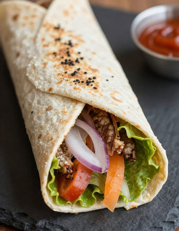 tortilla wrap with beef and vegetables, vertical, closeupの写真素材