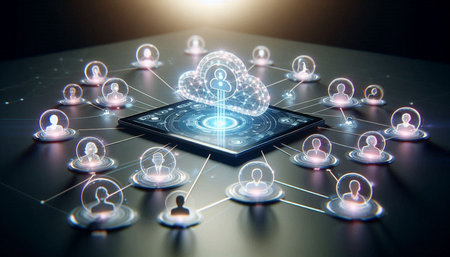 3D rendering of social network connection over a mobile phone in dark background
