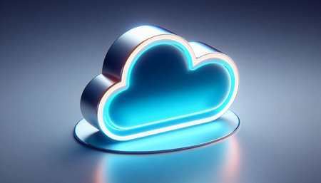 Blue neon cloud icon on a blue background. 3d render illustration