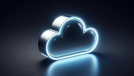 Glowing neon cloud icon on dark background. 3D Rendering