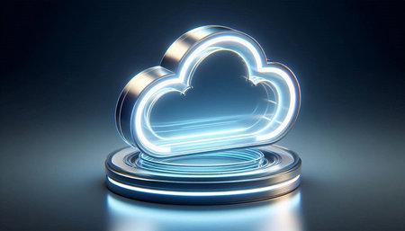 Blue neon cloud icon on dark background. 3d render image.