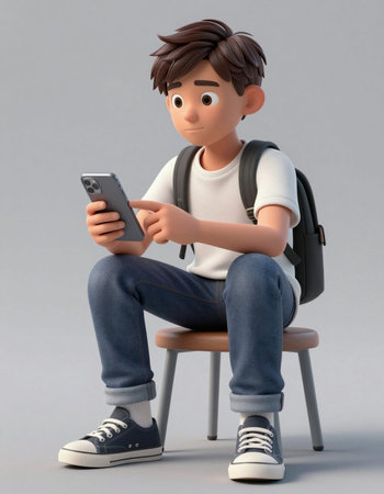 3D illustration of a teenage boy with a backpack and mobile phone