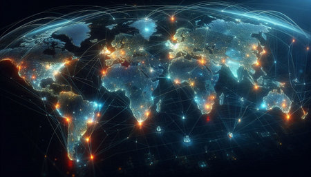 World map on a technological background, glowing lines symbols of the Internet, radio and...