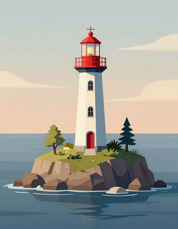 Lighthouse on a small island. Vector illustration in cartoon style.の写真素材