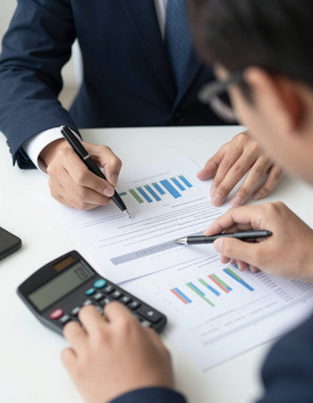 Business people discussing the charts and graphs showing the results of their successful teamworkの写真素材