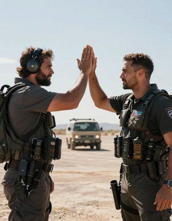 Two soldiers giving high five to each other in the middle of the desert