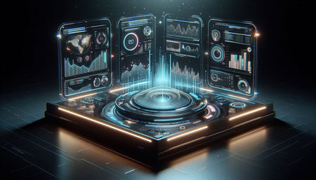 Futuristic user interface 3D rendering with HUD elements on black background