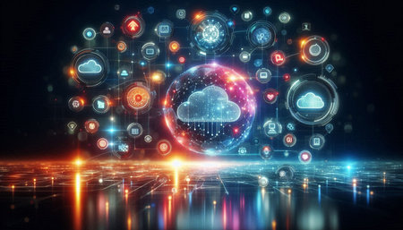 Cloud computing interface over dark background 3D rendering toned image double exposure
