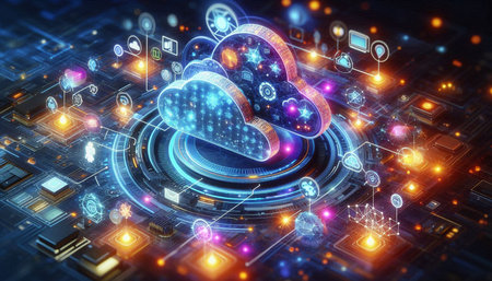 Cloud computing technology concept. 3d rendering toned image double exposure