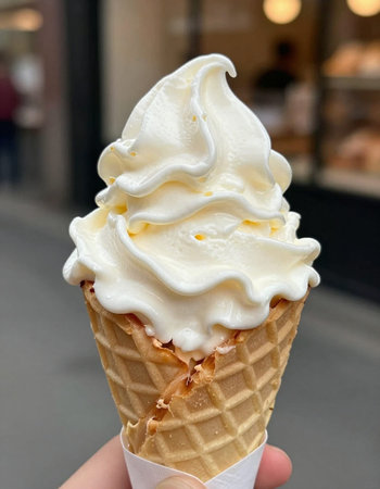 Ice cream in waffle cone on hand. Close up. Selective focus.