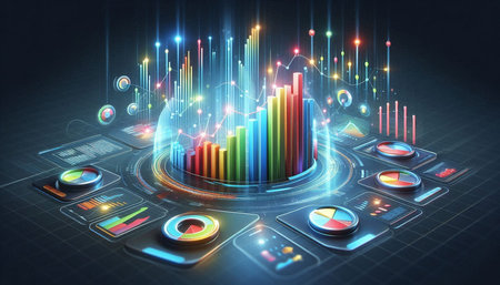Futuristic user interface with graphs and charts. 3d rendering
