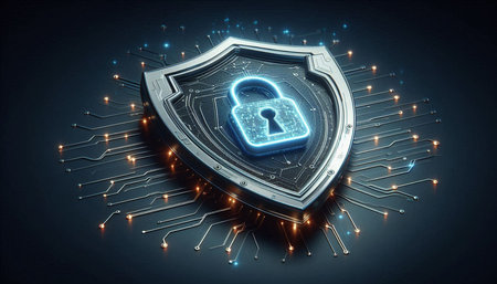 Cyber security concept with shield and circuit board on blue background 3D rendering