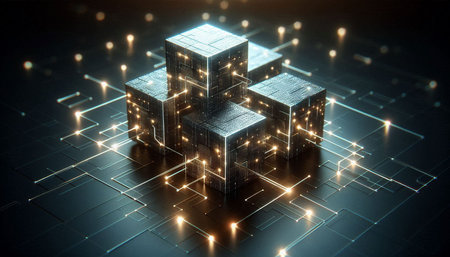 Abstract 3d rendering of cubes with circuit on black background. Technology concept