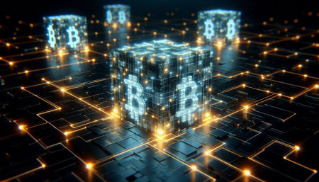 3D rendering of digital cubes with bitcoin symbol on circuit board background
