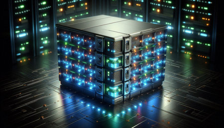 3d rendering of a server in data center with lights on it