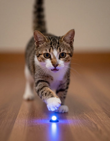 Cute tabby kitten playing with a blue light on the floor