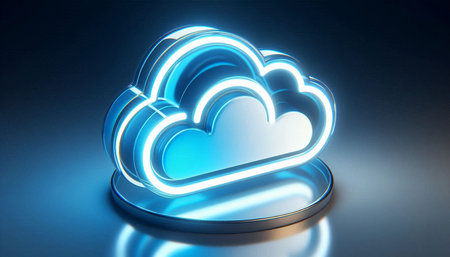 Blue neon cloud icon on dark background. 3d render illustration.