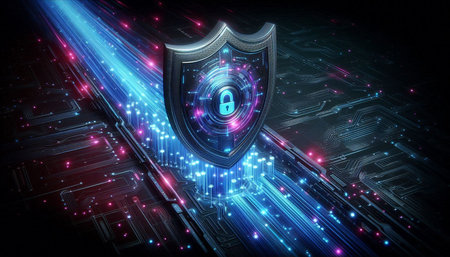 Cyber security concept with shield and circuit board background 3D rendering