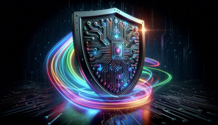 Cyber security concept with shield and circuit board. 3D rendering
