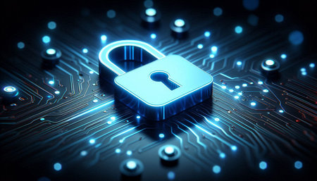 Cyber security concept with circuit board and padlock 3d rendering