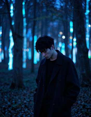 Portrait of a young man in a dark forest at night.