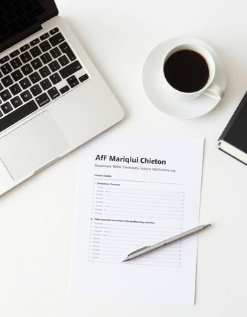 Application form with laptop and cup of coffee on white table. Top view