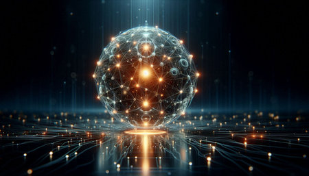 Abstract digital sphere on dark background. Technology and network concept. 3D Rendering