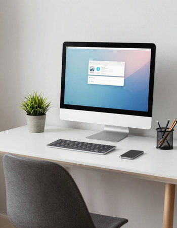 Workplace with modern devices on table against white wall, closeup