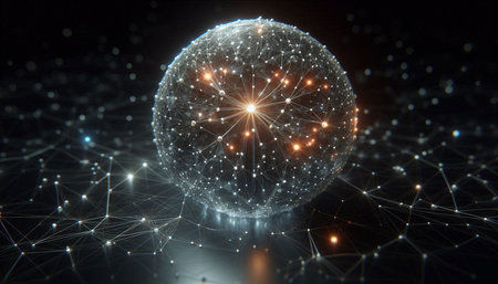 Futuristic sphere with connection lines and dots on dark background 3D rendering