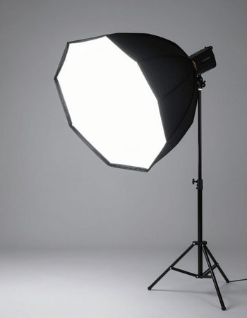 Studio lighting equipment on grey background. Professional studio lighting equipment for photos.