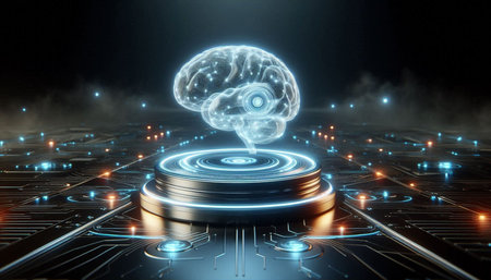 3d rendering of artificial intelligence concept with circuit board and human brain